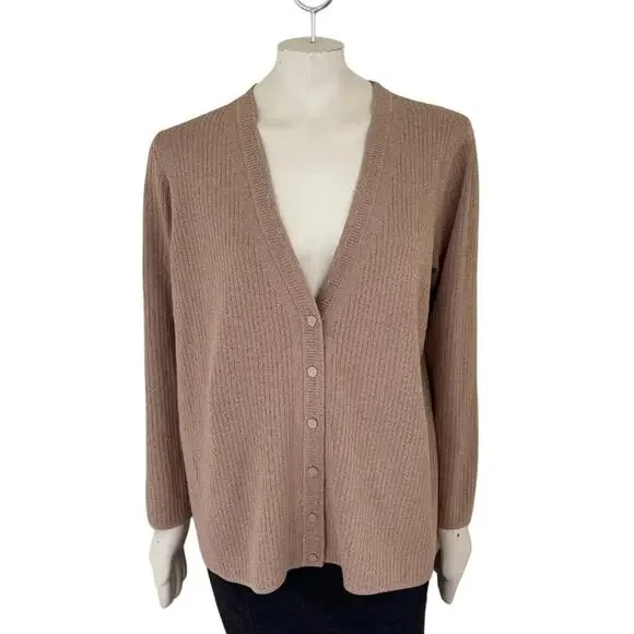 NEW TALBOTS Metallic Ribbed V-neck Cardigan in Tan & Gold  SZ 2X - Picture 10 of 10